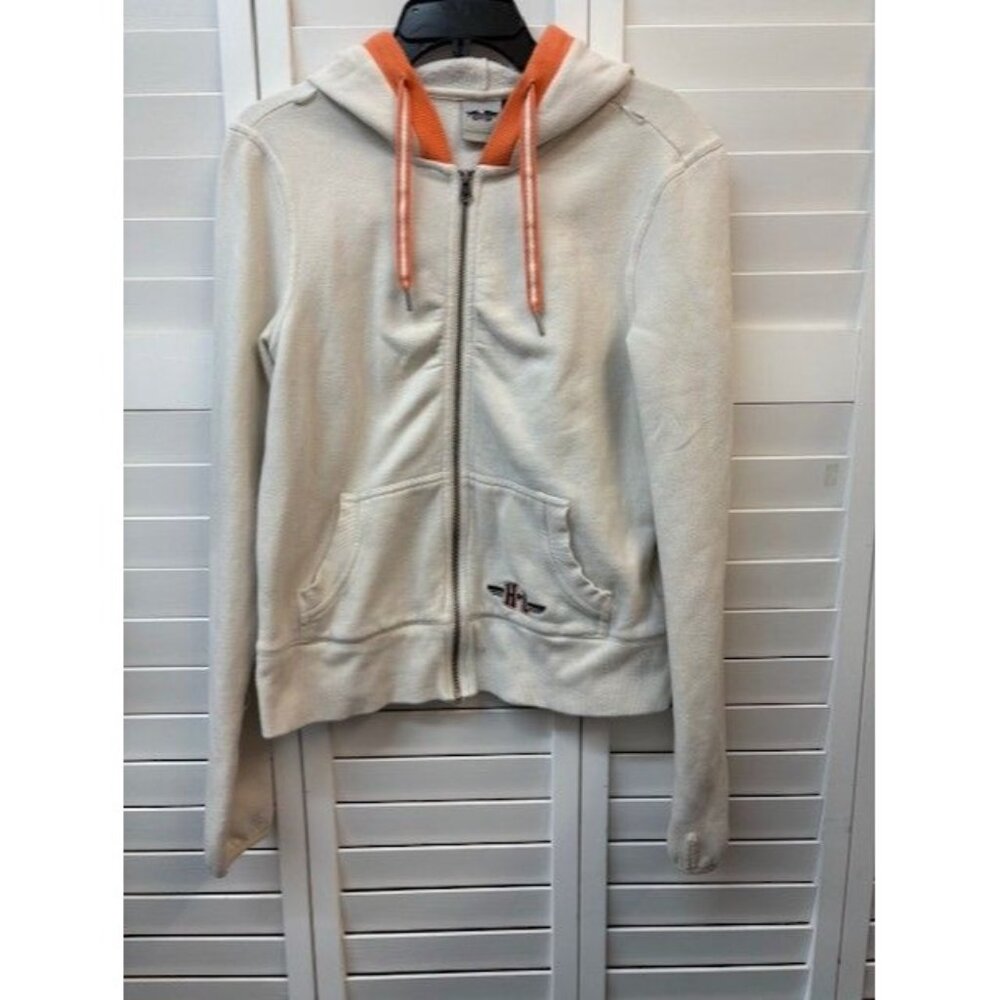 Harley-Davidson Womens Cream Orange Zip Up Hoodie Fleece Sweatshirt Logo Large